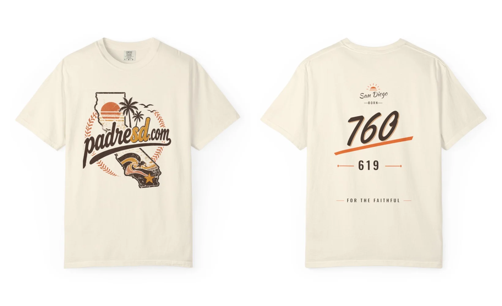 Ivory tee with a retro California and padresd.com script on the front and a small San Diego Born mark on the back