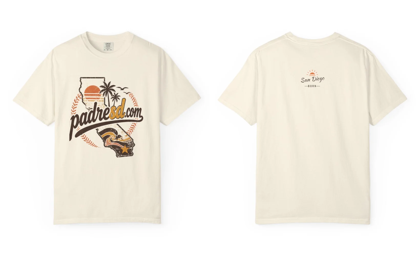 Ivory tee with a retro California and padresd.com script on the front and a small San Diego Born mark on the back