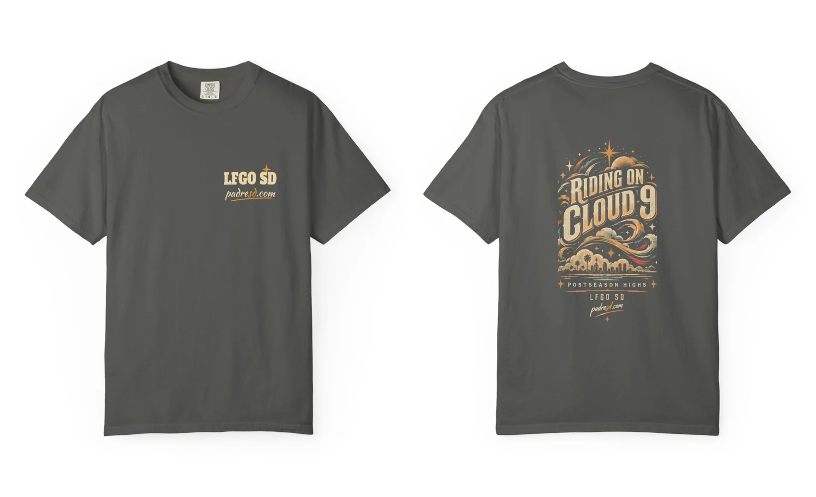 Pepper-gray tee with LFGO SD on the chest and a full-back Riding on Cloud 9 design with the San Diego skyline