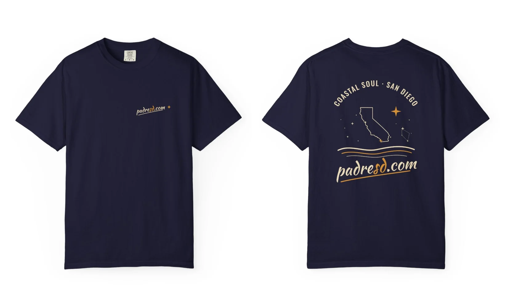 True Navy tee with a small padresd.com script on the chest and a California constellation on the back
