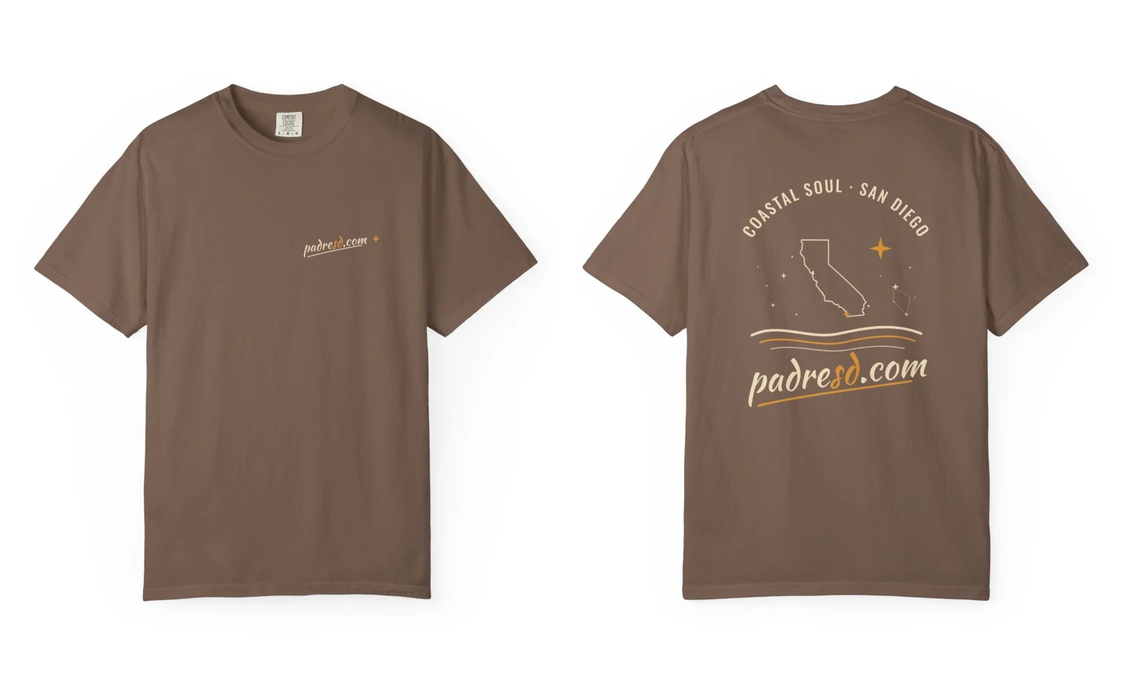 Espresso tee with a small padresd.com script on the chest and a California constellation on the back
