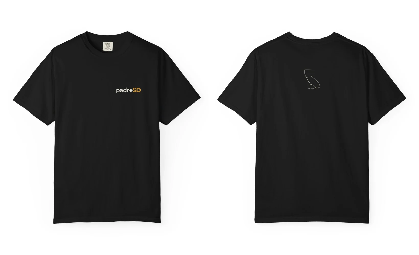 Black tee with a small padreSD on the chest and a small California outline on the back