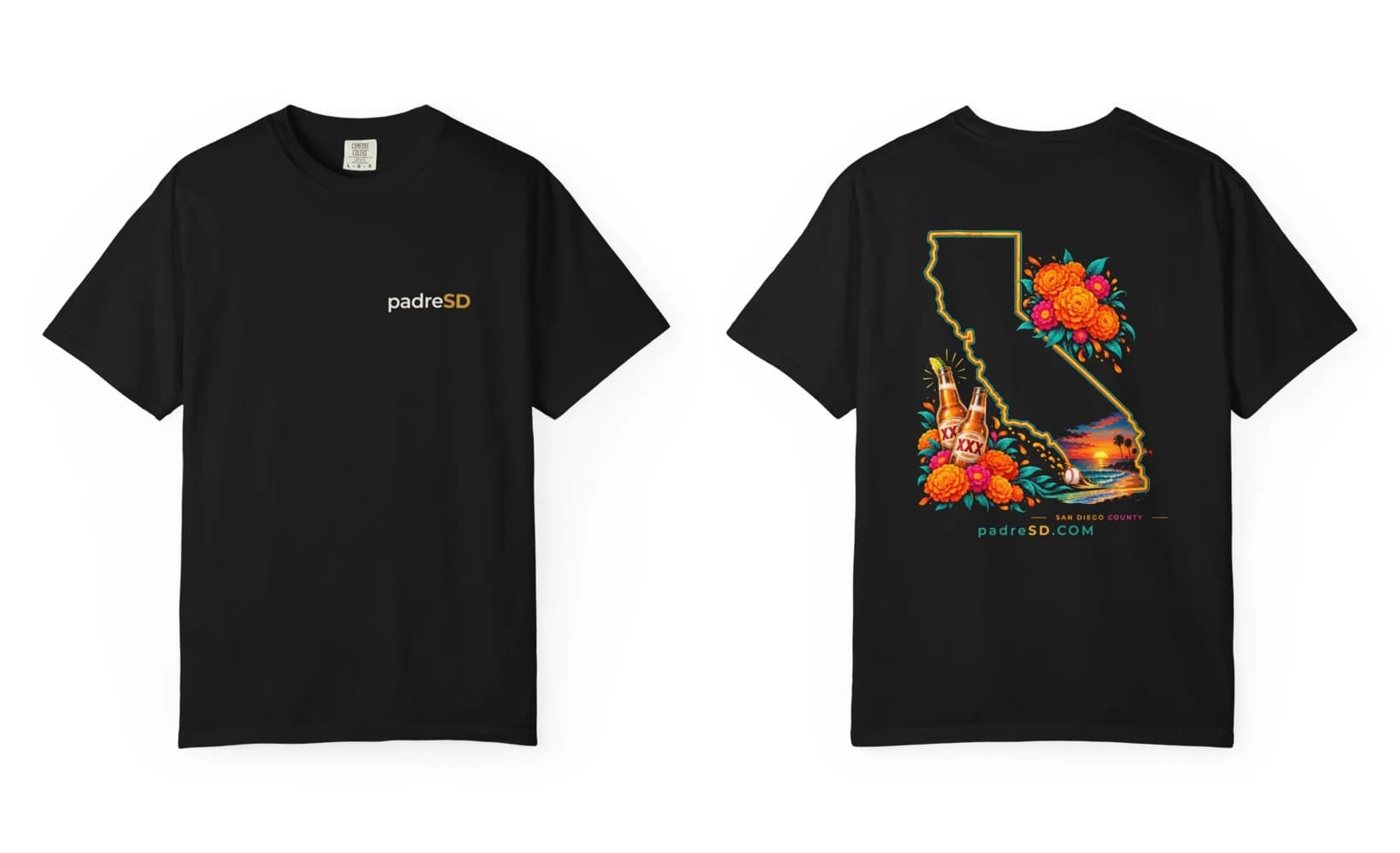 Black tee with a small padreSD on the chest and a full-back neon California with marigolds, beer bottles and a San Diego sunset