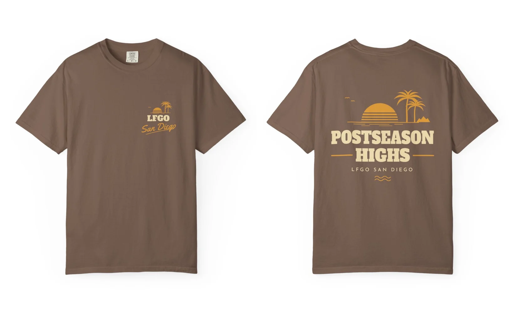 Espresso tee, front with a small LFGO San Diego sunset and back with a large Postseason Highs sunset and palms