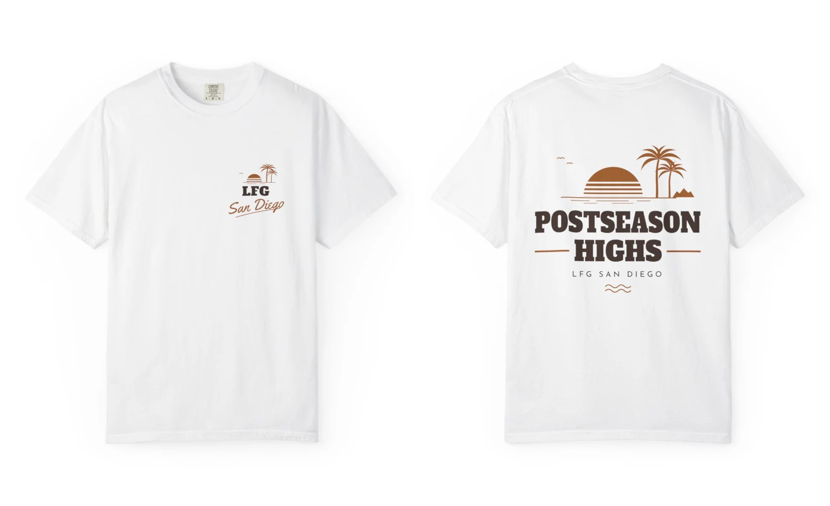 White tee, front with a small LFG San Diego sunset and back with a large Postseason Highs sunset and palms
