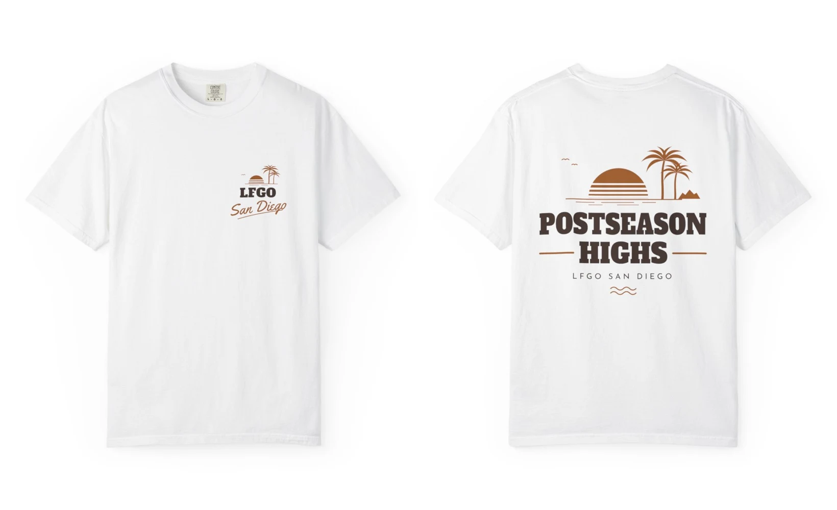 White tee, front with a small LFGO San Diego sunset and back with a large Postseason Highs sunset and palms
