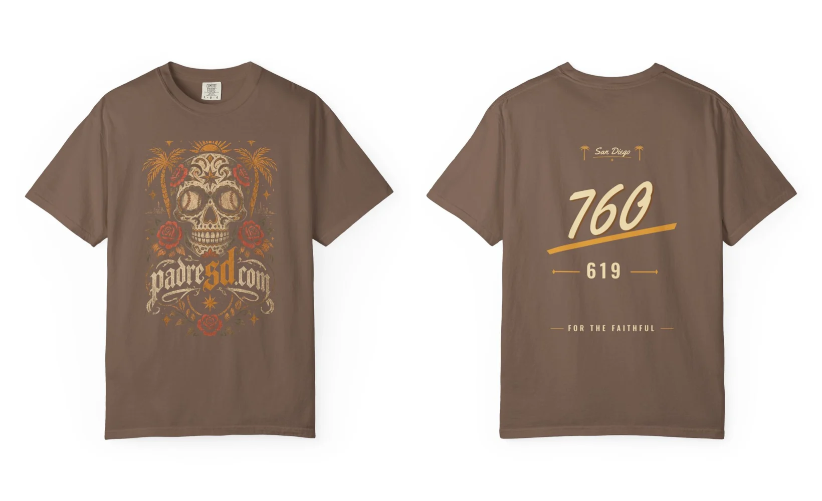 Espresso tee with a sugar skull with baseball eyes, roses and padresd.com in blackletter on the front