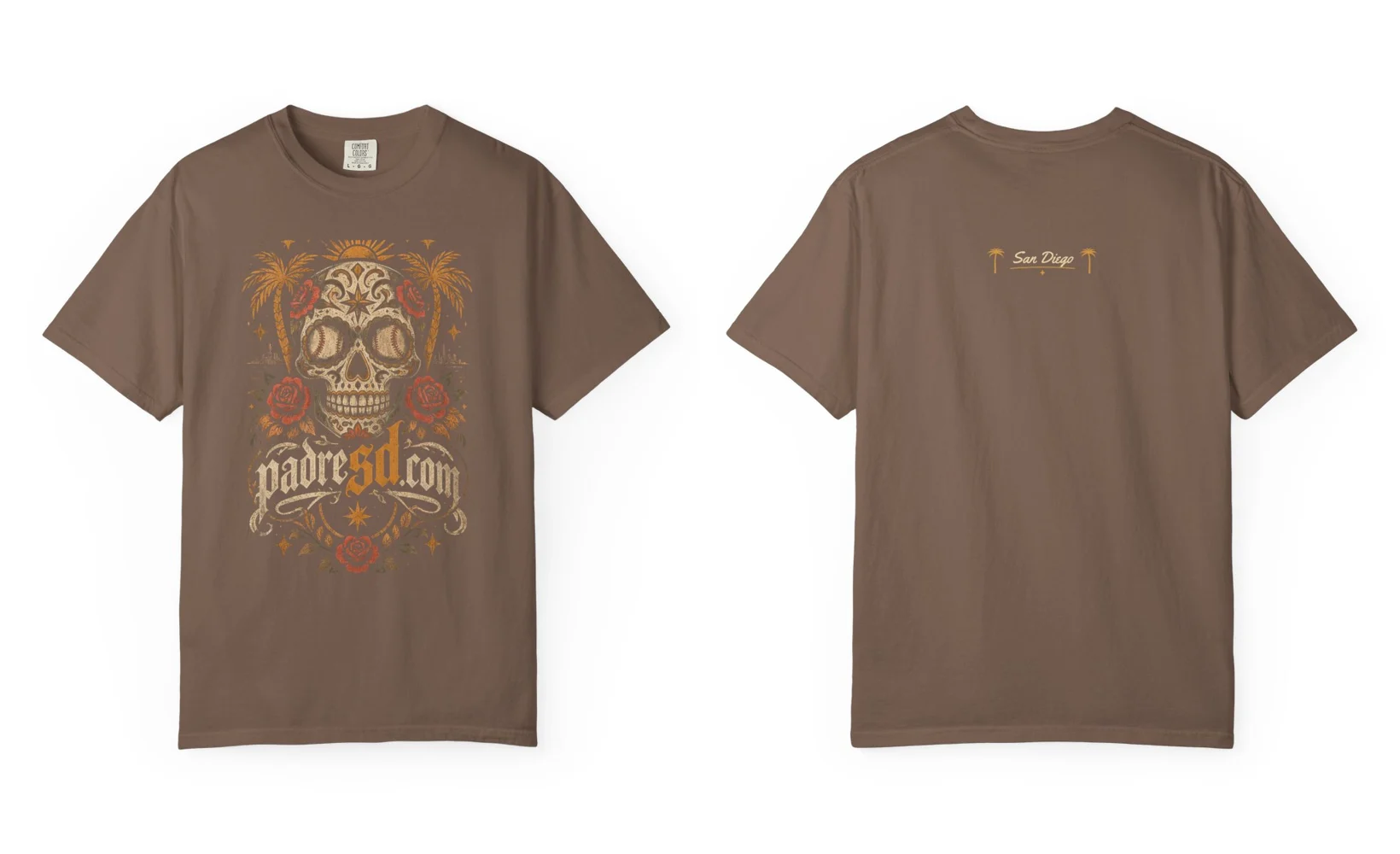 Espresso tee with a sugar skull with baseball eyes, roses and padresd.com in blackletter on the front
